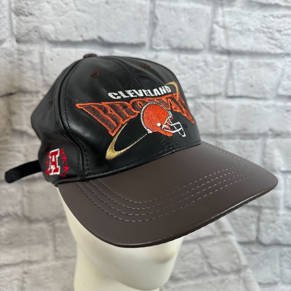 VTG NFL Cleveland Browns Embroidered Leather Cap Hat One-Size Adjustable Back
